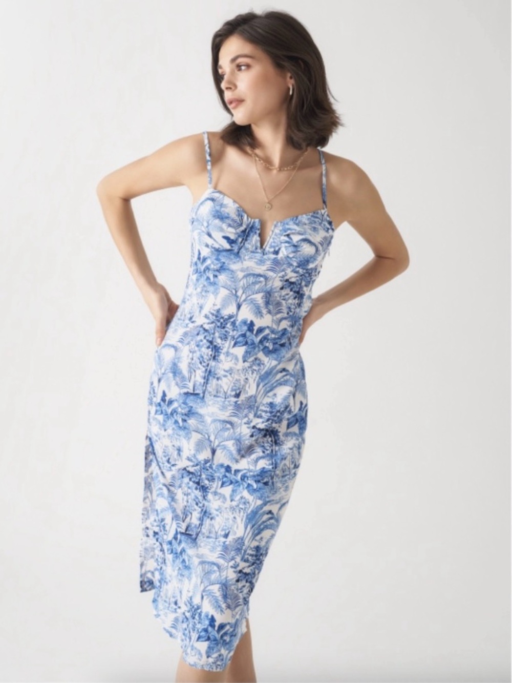 Cider Blue and White Tropical Print Slip Dress